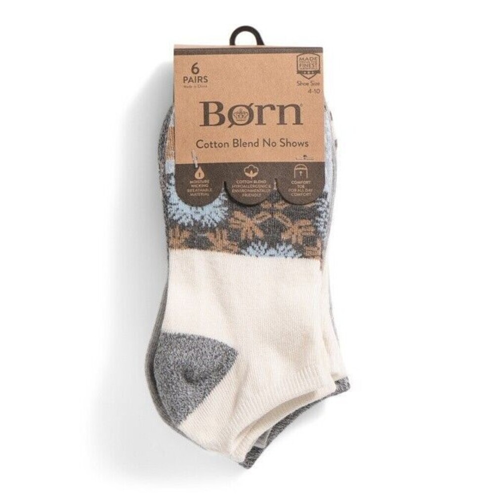 Born 6 Pair Cotton Blend No Show Socks Multiple Pattern Light Blue Gray